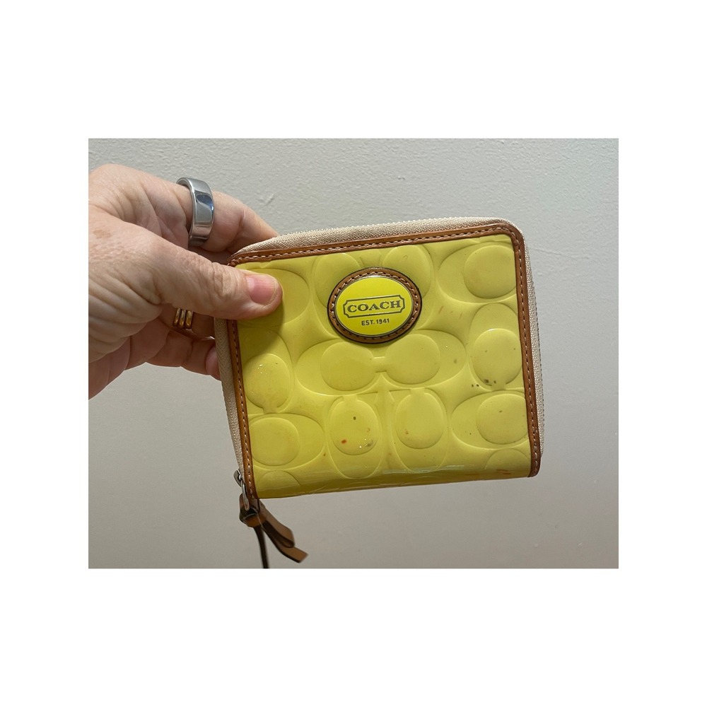 Coach Yellow Bifold‎ Wallet Signature C Embossed Patent Leather Small Zip Around